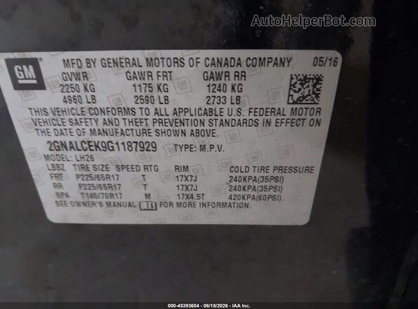 2GNALCEK9G1187929 2016 CHEVROLET EQUINOX Black Widok komory silnika
