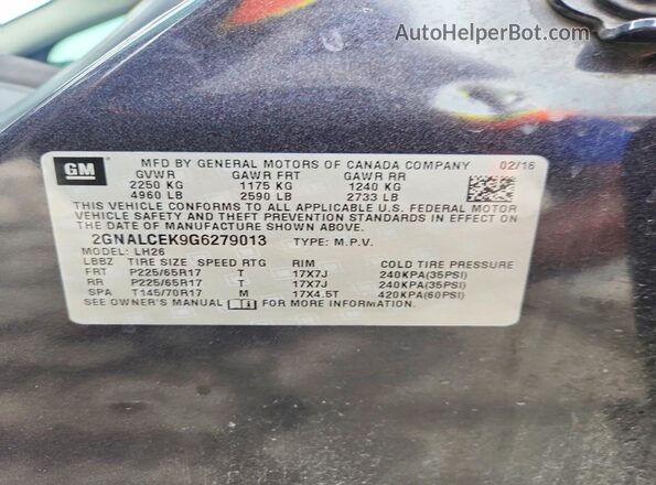 2GNALCEK9G6279013 2016 CHEVROLET EQUINOX Gray VIN sticker view