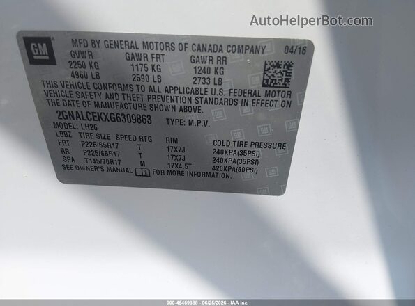 2GNALCEKXG6309863 2016 CHEVROLET EQUINOX White ძრავის განყოფილების ხედი