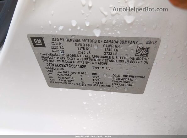 2GNALCEKXG6311936 2016 CHEVROLET EQUINOX White Շարժիչի բաժամունքի տեսք
