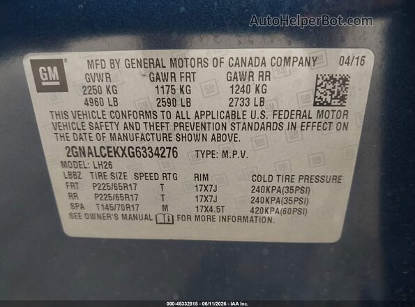 2GNALCEKXG6334276 2016 CHEVROLET EQUINOX Blue 