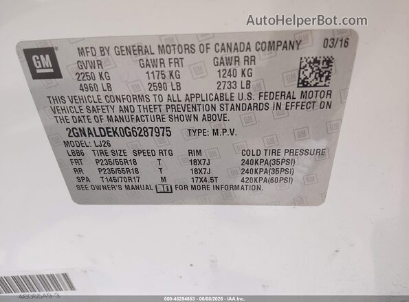 2GNALDEK0G6287975 2016 CHEVROLET EQUINOX White ძრავის განყოფილების ხედი