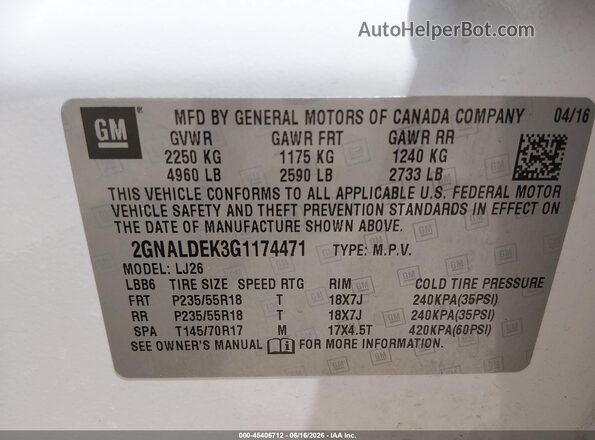 2GNALDEK3G1174471 2016 CHEVROLET EQUINOX White Widok komory silnika
