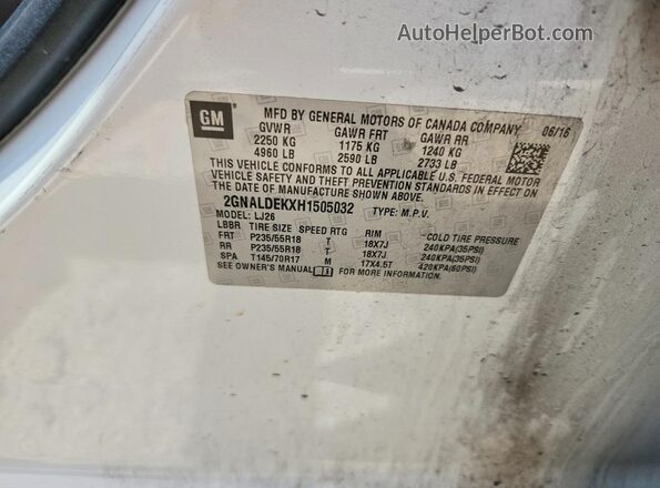 2GNALDEKXH1505032 2017 CHEVROLET EQUINOX White Vista de la etiqueta del VIN