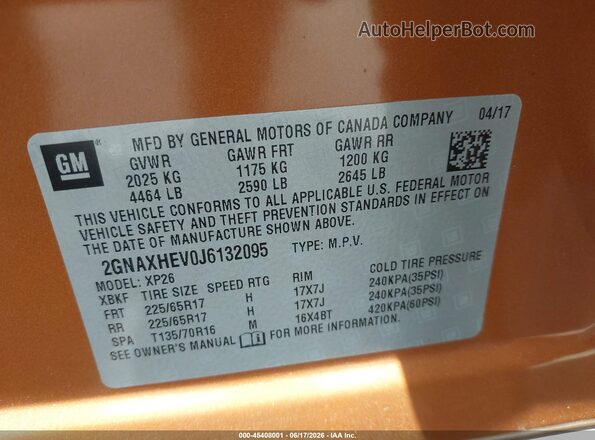 2GNAXHEV0J6132095 2018 CHEVROLET EQUINOX Orange Widok komory silnika