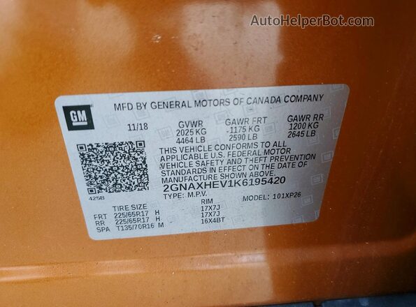 2GNAXHEV1K6195420 2019 CHEVROLET EQUINOX Orange 