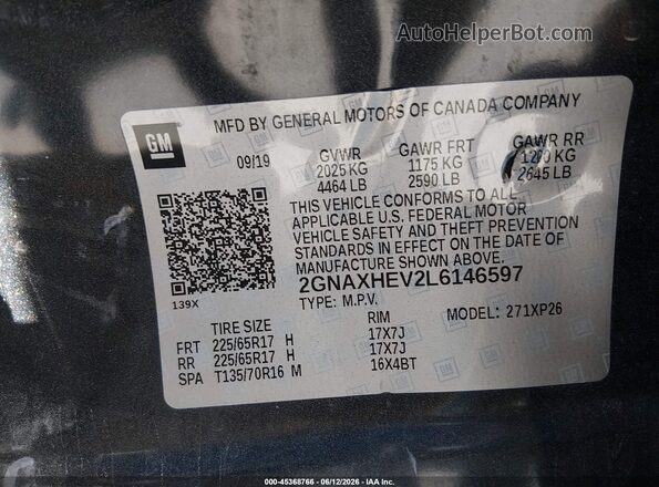 2GNAXHEV2L6146597 2020 CHEVROLET EQUINOX Black Вид підкапотного простору