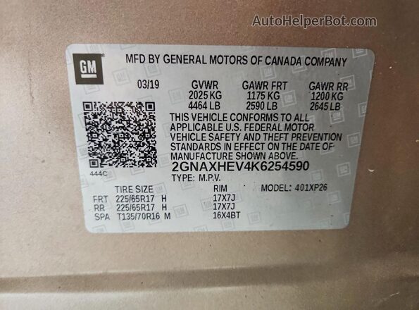2GNAXHEV4K6254590 2019 CHEVROLET EQUINOX Tan Vista de la etiqueta del VIN