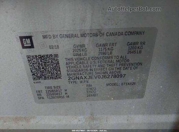 2GNAXJEV0J6278097 2018 CHEVROLET EQUINOX Silver Vista del compartimento del motor