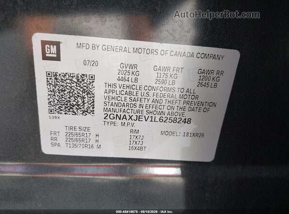 2GNAXJEV1L6258248 2020 CHEVROLET EQUINOX Gray ძრავის განყოფილების ხედი