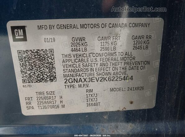 2GNAXJEV2K6225404 2019 CHEVROLET EQUINOX Navy Вид підкапотного простору
