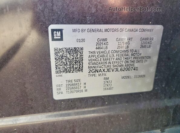 2GNAXJEV3L6200741 2020 CHEVROLET EQUINOX Brown VIN კოდის სტიკერის ხედი