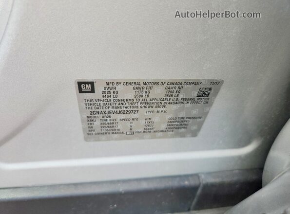 2GNAXJEV4J6229727 2018 CHEVROLET EQUINOX Silver VIN sticker view