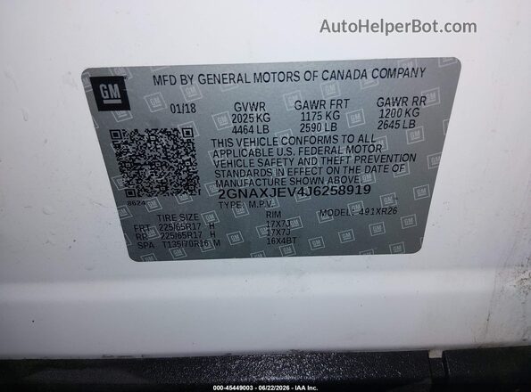 2GNAXJEV4J6258919 2018 CHEVROLET EQUINOX White Շարժիչի բաժամունքի տեսք