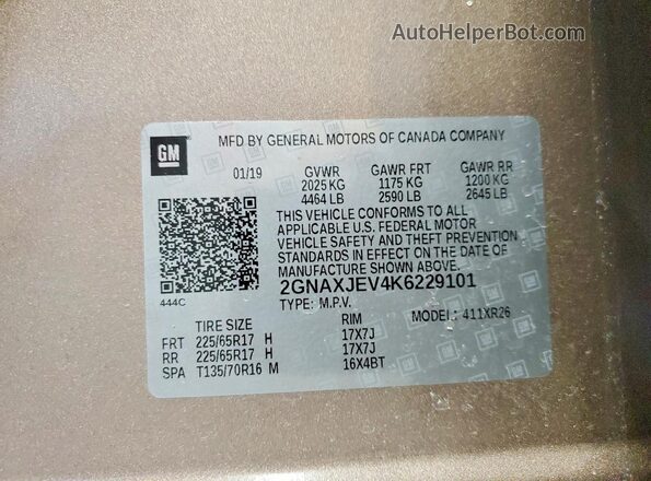 2GNAXJEV4K6229101 2019 CHEVROLET EQUINOX Tan Вид наклейки з VIN-кодом