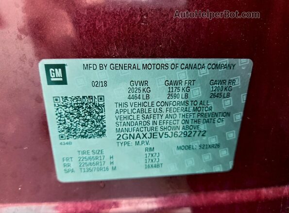 2GNAXJEV5J6292772 2018 CHEVROLET EQUINOX Red VIN կոդի պիտակի տեսք