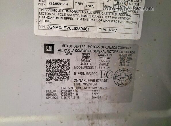 2GNAXJEV6L6259461 2020 CHEVROLET EQUINOX Silver VIN կոդի պիտակի տեսք