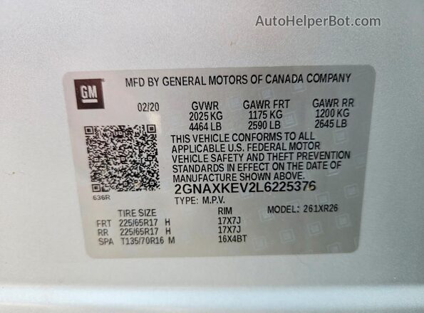 2GNAXKEV2L6225376 2020 CHEVROLET EQUINOX Silver Սալոնի 360 աստիճան տեսք
