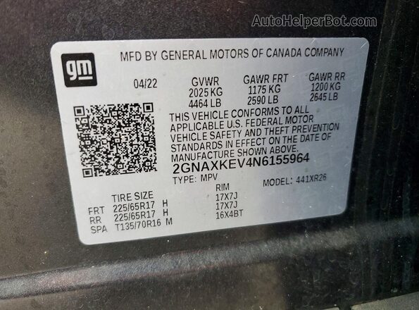 2GNAXKEV4N6155964 2022 CHEVROLET EQUINOX Серый Панорамный вид салона 360°