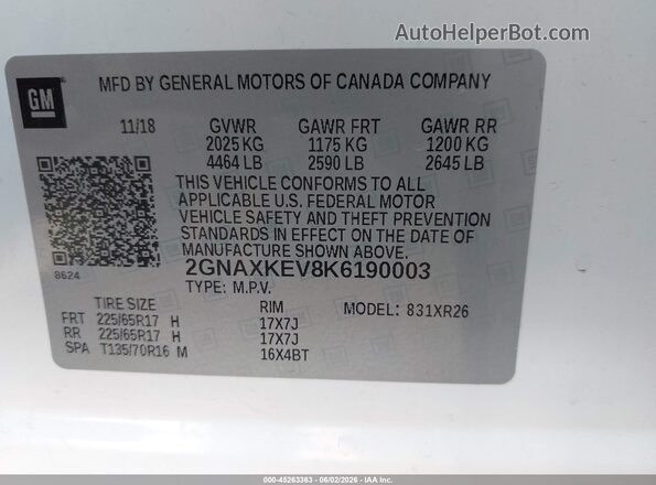 2GNAXKEV8K6190003 2019 CHEVROLET EQUINOX White Widok komory silnika