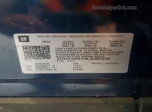 2GNAXKEV8L6285159 2020 CHEVROLET EQUINOX Blue VIN sticker view