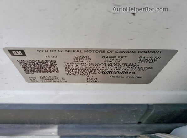 2GNAXKEV8M6108919 2021 CHEVROLET EQUINOX White VIN კოდის სტიკერის ხედი