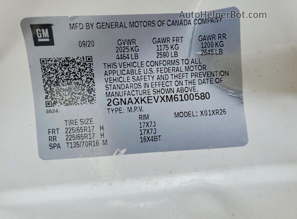 2GNAXKEVXM6100580 2021 CHEVROLET EQUINOX White VIN կոդի պիտակի տեսք