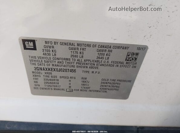 2GNAXKEX0J6207456 2018 CHEVROLET EQUINOX White ძრავის განყოფილების ხედი