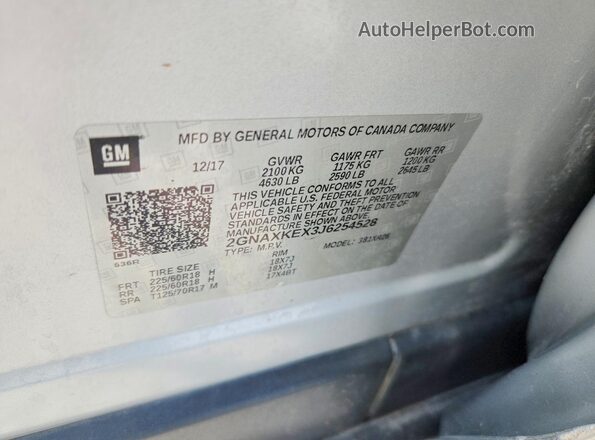 2GNAXKEX3J6254528 2018 CHEVROLET EQUINOX Silver VIN კოდის სტიკერის ხედი
