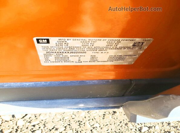 2GNAXKEXXJ6220926 2018 CHEVROLET EQUINOX Orange VIN sticker view