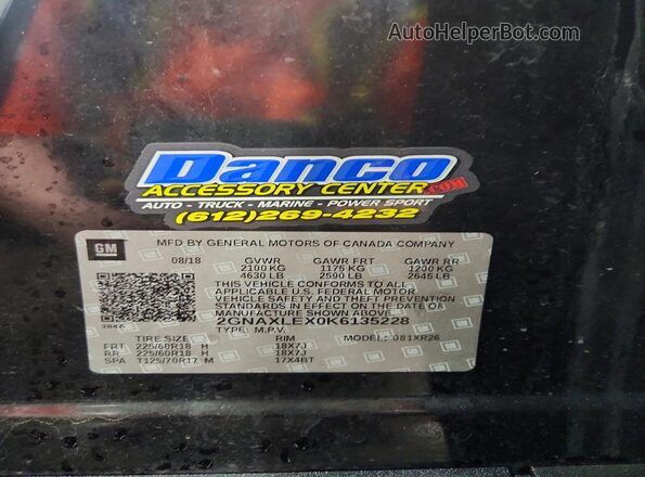 2GNAXLEX0K6135228 2019 CHEVROLET EQUINOX Черный Вид наклейки с VIN-кодом