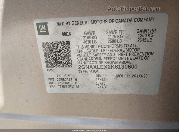 2GNAXLEX2K6130600 2019 CHEVROLET EQUINOX Champagne Շարժիչի բաժամունքի տեսք