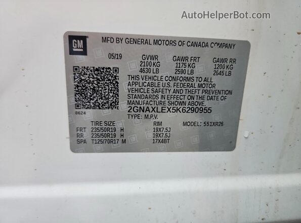 2GNAXLEX5K6290955 2019 CHEVROLET EQUINOX Белый 