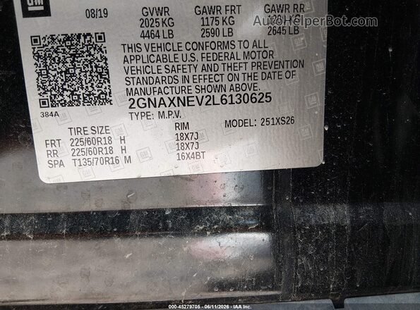 2GNAXNEV2L6130625 2020 CHEVROLET EQUINOX Black Engine compartment view