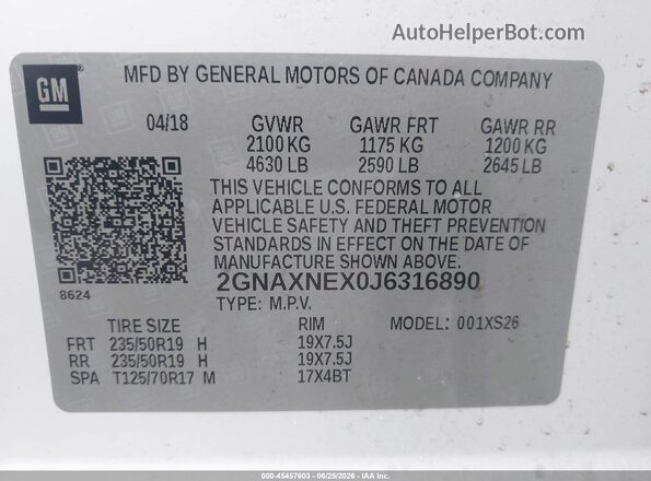 2GNAXNEX0J6316890 2018 CHEVROLET EQUINOX White Շարժիչի բաժամունքի տեսք