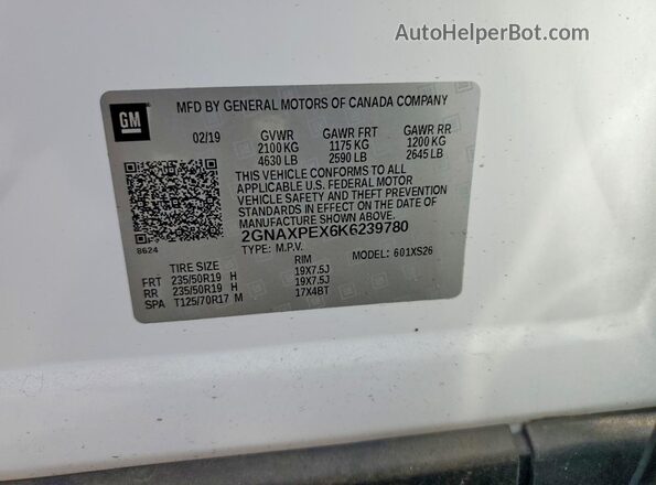 2GNAXPEX6K6239780 2019 CHEVROLET EQUINOX White 