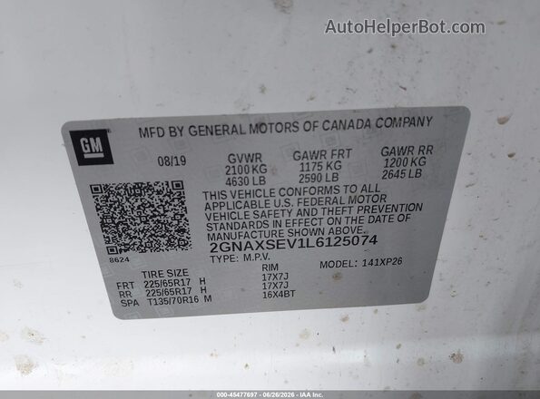 2GNAXSEV1L6125074 2020 CHEVROLET EQUINOX White Շարժիչի բաժամունքի տեսք