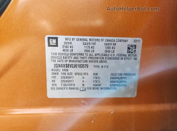 2GNAXSEV2J6103579 2018 CHEVROLET EQUINOX Оранжевый Вид наклейки с VIN-кодом