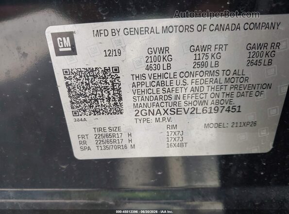 2GNAXSEV2L6197451 2020 CHEVROLET EQUINOX Черный Вид подкапотного пространства