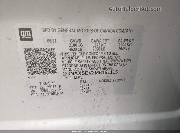 2GNAXSEV2M6161115 2021 CHEVROLET EQUINOX Серебряный 