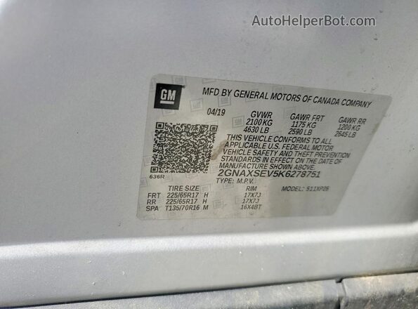2GNAXSEV5K6278751 2019 CHEVROLET EQUINOX Silver Vista de la etiqueta del VIN