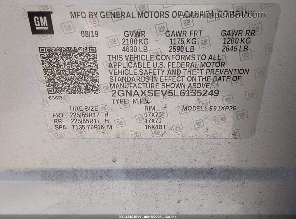 2GNAXSEV5L6135249 2020 CHEVROLET EQUINOX Silver Շարժիչի բաժամունքի տեսք