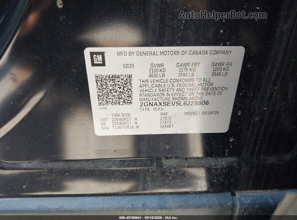 2GNAXSEV5L6228806 2020 CHEVROLET EQUINOX Черный Вид подкапотного пространства