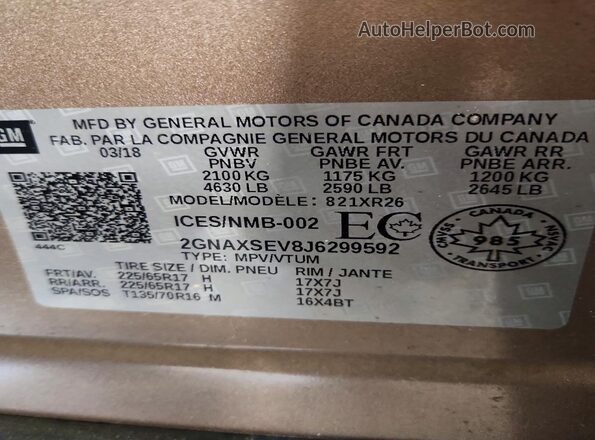 2GNAXSEV8J6299592 2018 CHEVROLET EQUINOX Tan Vista de la etiqueta del VIN