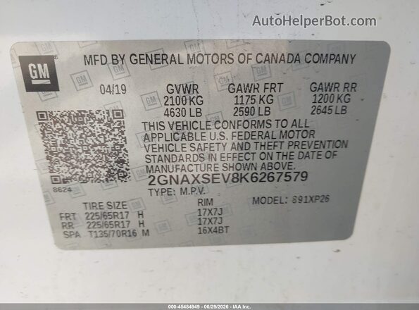 2GNAXSEV8K6267579 2019 CHEVROLET EQUINOX Белый Вид подкапотного пространства