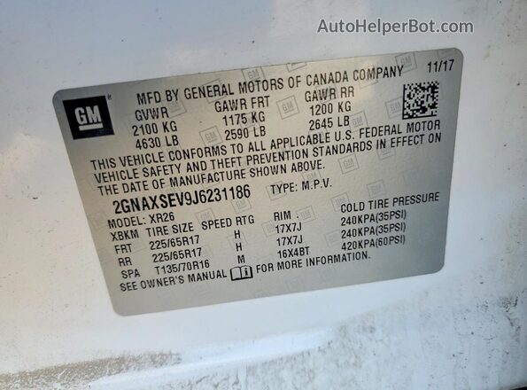 2GNAXSEV9J6231186 2018 CHEVROLET EQUINOX White VIN კოდის სტიკერის ხედი