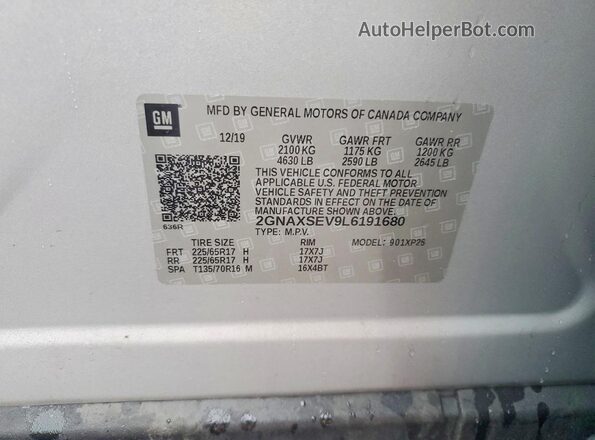 2GNAXSEV9L6191680 2020 CHEVROLET EQUINOX Silver Vista de la etiqueta del VIN