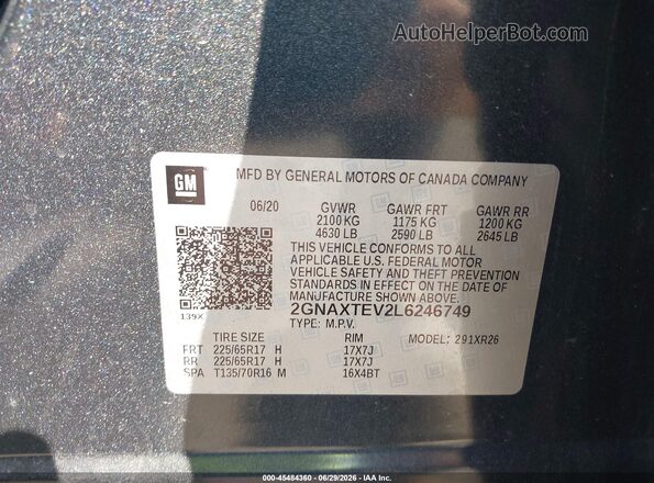 2GNAXTEV2L6246749 2020 CHEVROLET EQUINOX Серый Вид подкапотного пространства