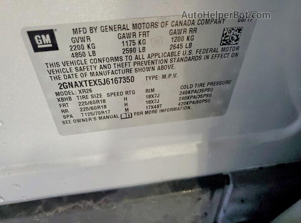 2GNAXTEX5J6167350 2018 CHEVROLET EQUINOX Silver Vista de la etiqueta del VIN