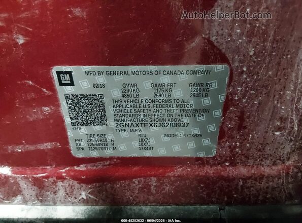 2GNAXTEX6J6288937 2018 CHEVROLET EQUINOX Red Engine compartment view